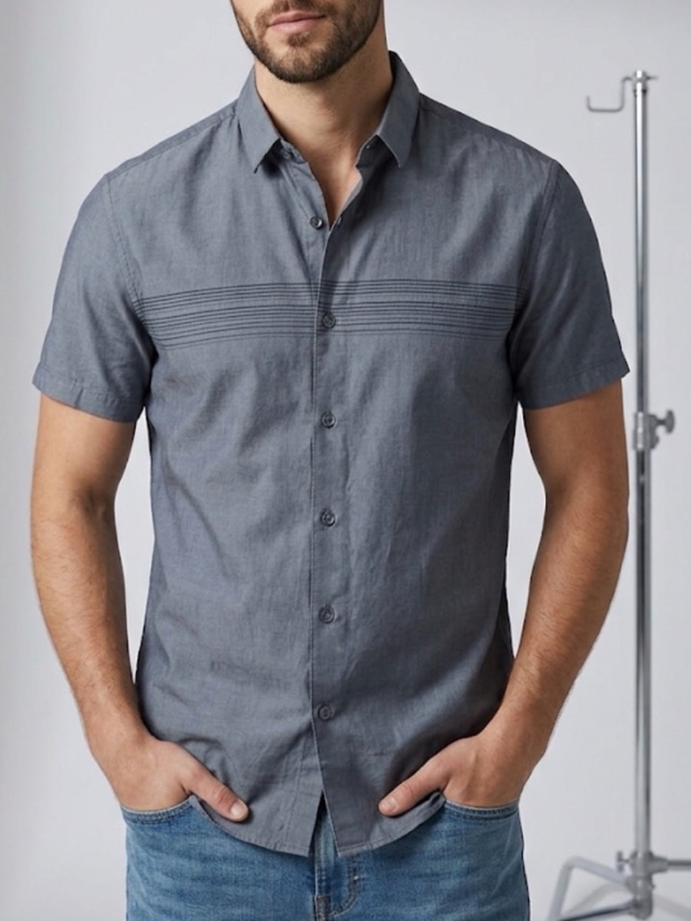 Theory Mens Zack S Button down Ombre Chest Stripe Chambray Casual Blue Small